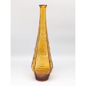 Vintage MCM Empoli Art Glass Amber Floral Flowers Genie Bottle Decanter 15.5"